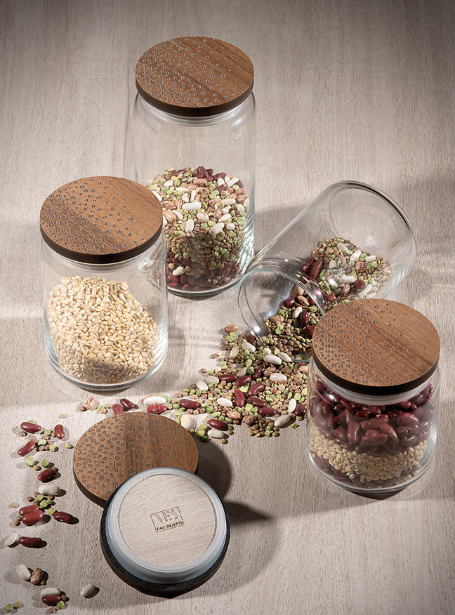 Barattoli in vetro con tappo in legno inciso decorato made in italy VES