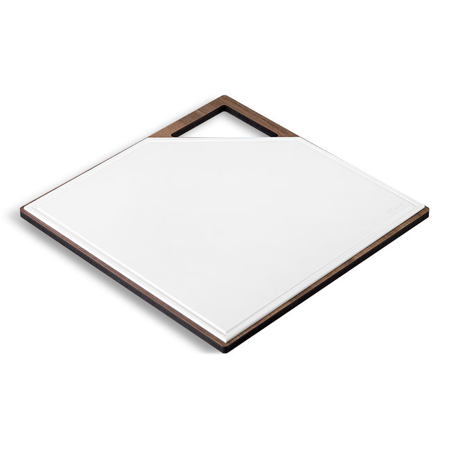 VES tagliere quadrato design moderno in Krion K-Life e base in legno inciso made in italy