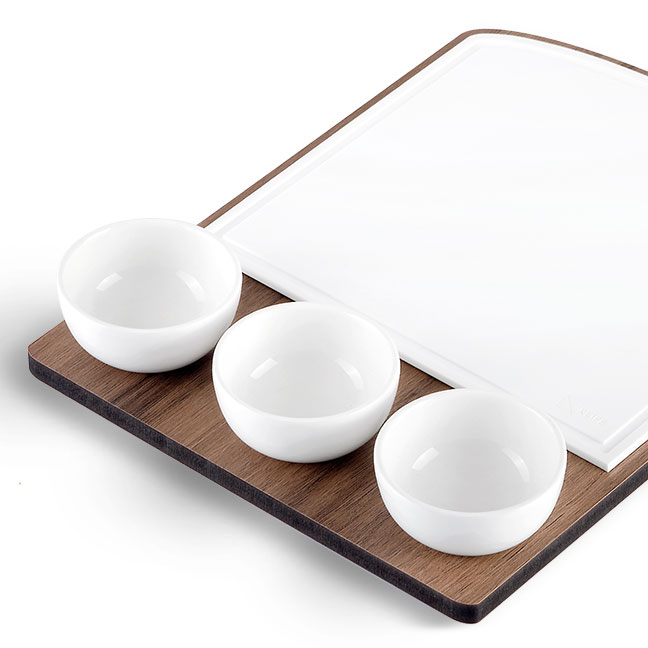 VES tagliere con ciotole design moderno in Krion K-Life e base in legno inciso fatto in Italia